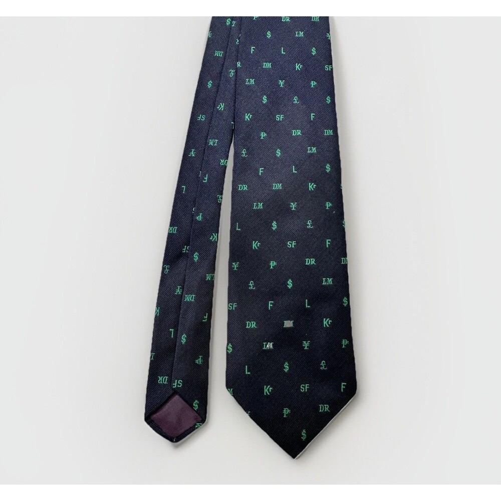 Vintage Finance Theme Necktie Navy Green Currency Symbols Legg Mason Promo